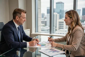 Conseiller financier présentant une stratégie de diversification patrimoniale avec des documents SCPI à un couple dans un bureau moderne