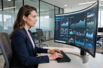Conseillère bancaire utilisant un tableau de bord d'intelligence artificielle dans un bureau moderne