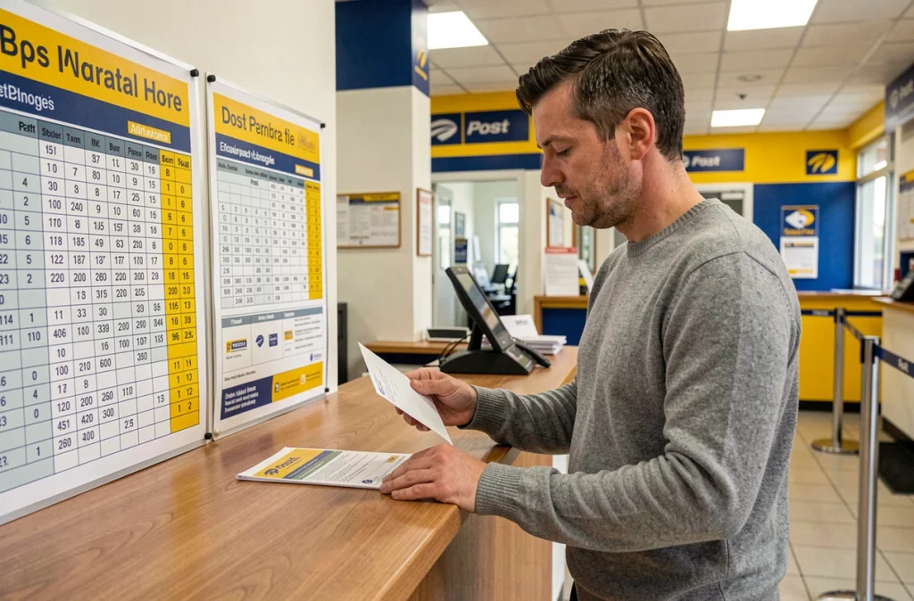 Homme consultant un tableau de tarifs postaux au guichet d'un bureau de poste tenant une enveloppe matelassée