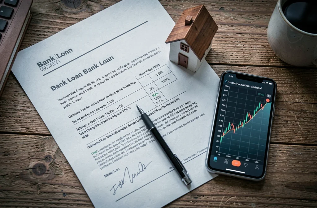 Vue aérienne d'un bureau avec contrat de prêt immobilier, modèle de maison miniature et graphique de taux d'intérêt sur smartphone