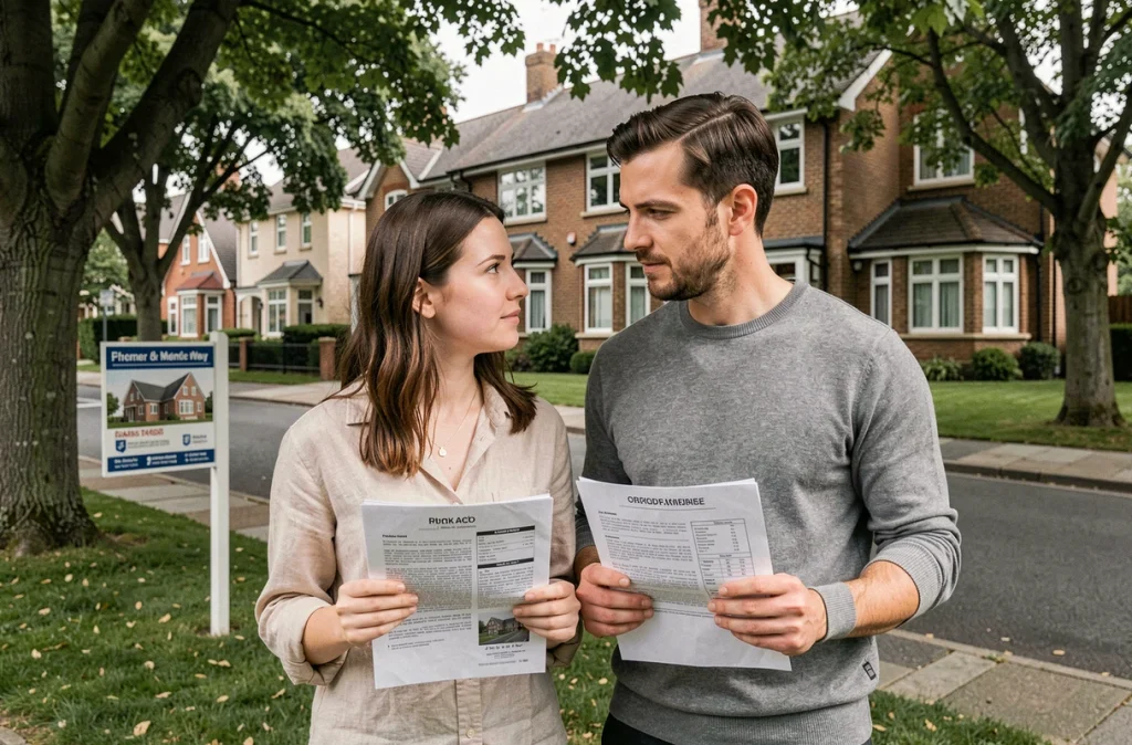 Couple de jeunes acheteurs devant une maison à vendre en banlieue, hésitants face à la hausse des taux d'intérêt immobiliers