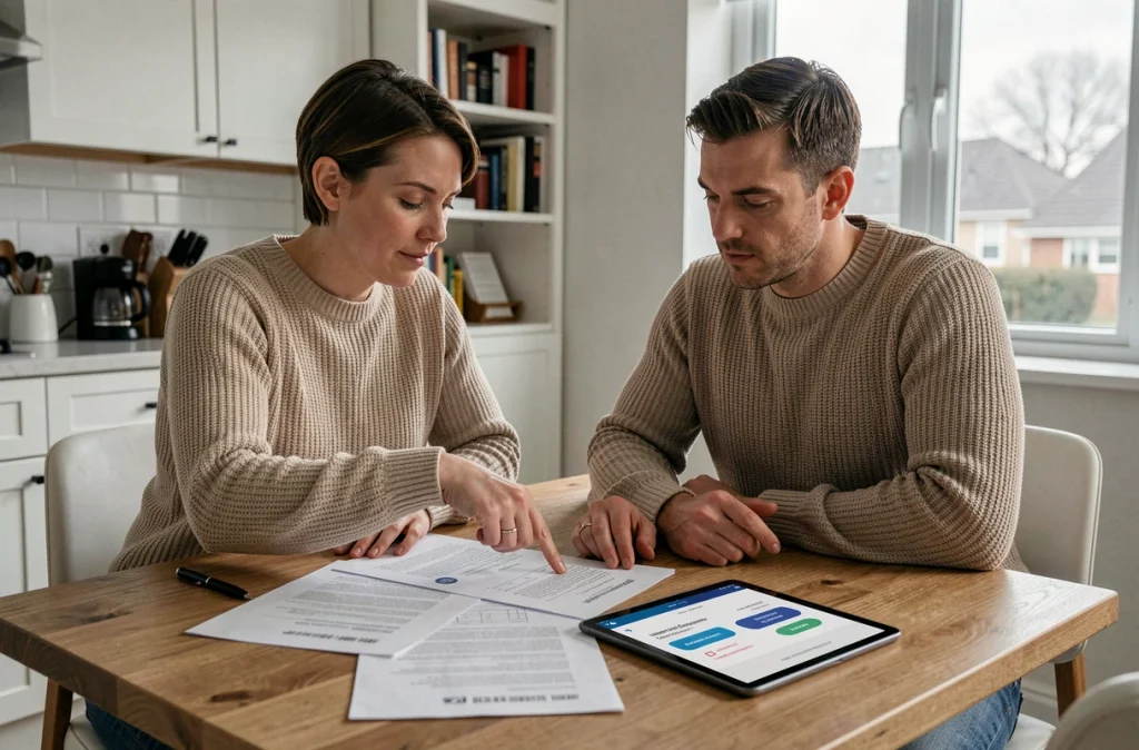 Un couple étudie les documents de leur assurance emprunteur à leur domicile