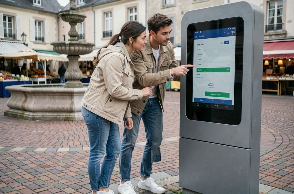 Couple consultant une borne interactive d'autopartage sur une place de ville moyenne en France