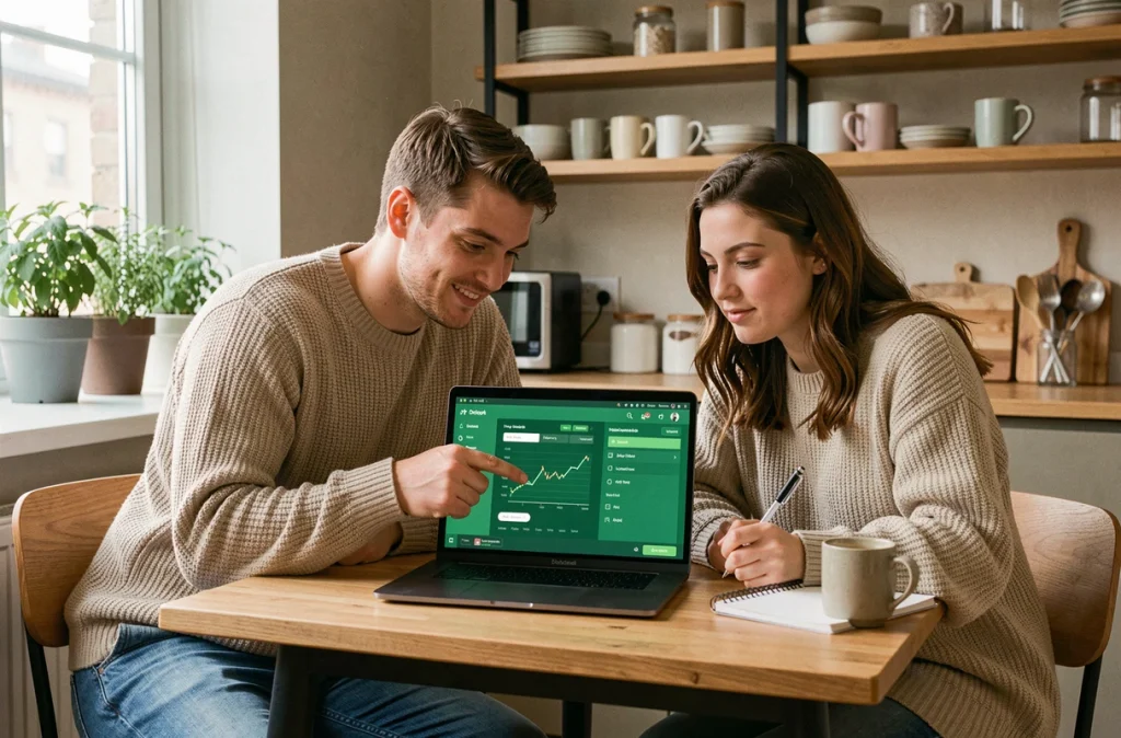 Couple consultant une plateforme d'épargne responsable sur un ordinateur portable à domicile