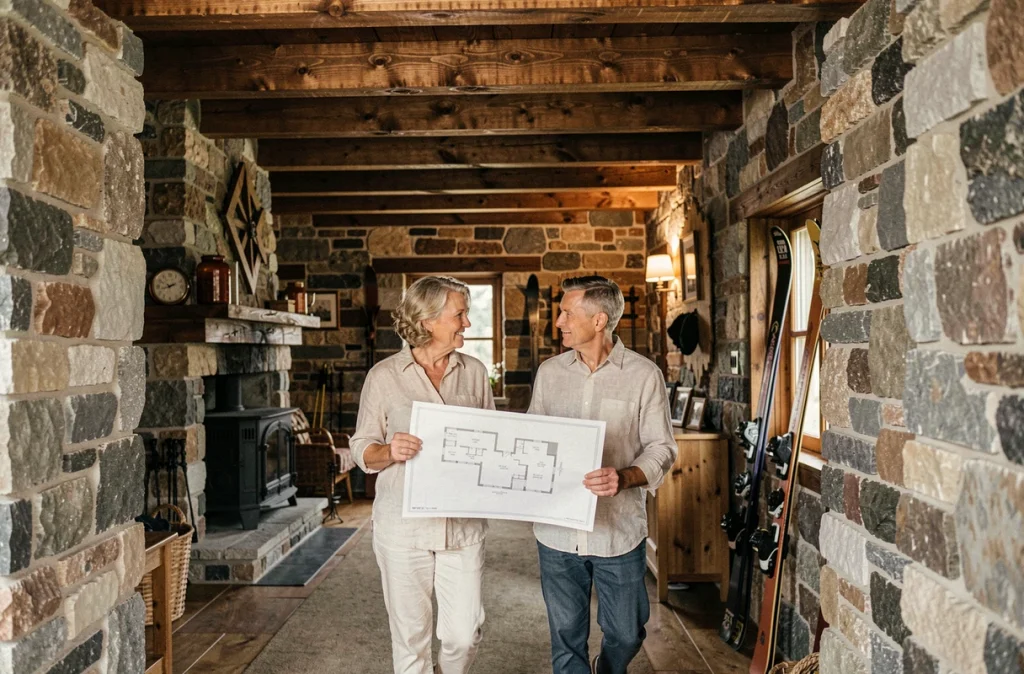 Couple d'investisseurs visitant un chalet de montagne rénové en vue d'une mise en location saisonnière