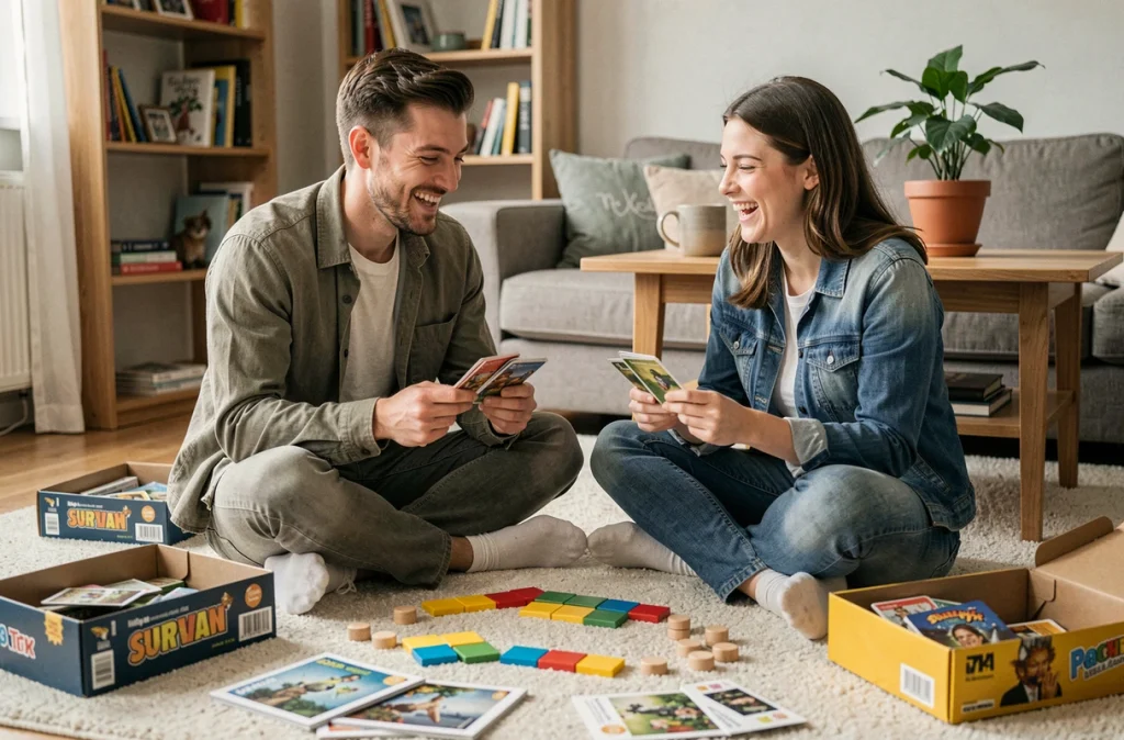 Couple jouant à un jeu de plateau sur un tapis de salon entouré de boîtes de jeux colorées