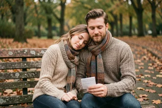 Couple assis sur un banc en bois en automne, tenant une lettre d'amour manuscrite, ambiance tendre et poétique
