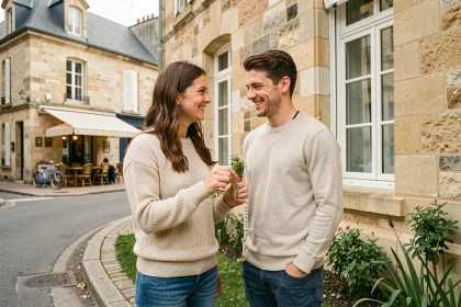 Jeune couple primo-accédant tenant les clés de leur maison dans une ville moyenne française