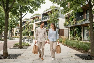 Couple se promenant dans un écoquartier moderne avec bâtiments à toits végétalisés et allées piétonnes arborées