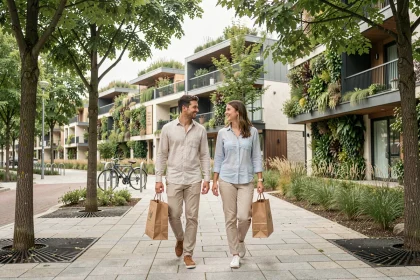 Couple se promenant dans un écoquartier moderne avec bâtiments à toits végétalisés et allées piétonnes arborées