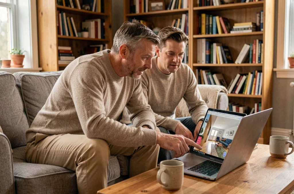 Couple recherchant des biens immobiliers en ligne via une visite virtuelle 360 degrés sur ordinateur portable