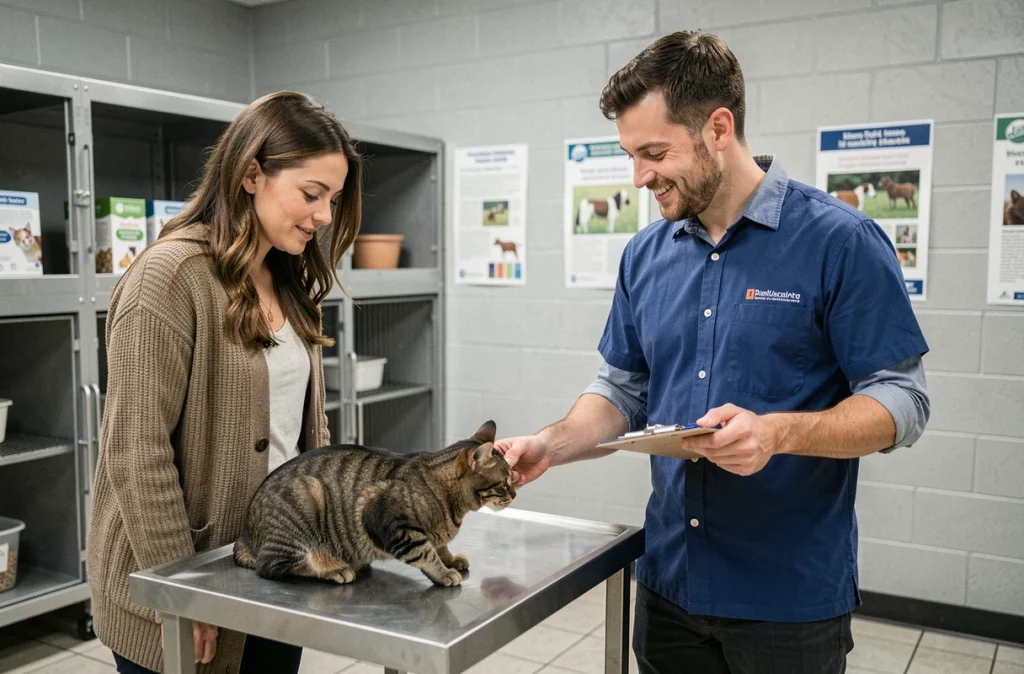 Couple en visite dans un refuge animalier pour adopter un chat