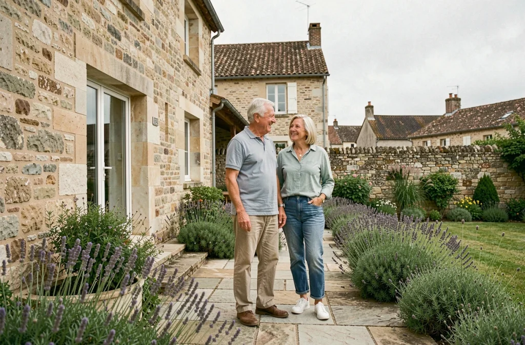 Couple de retraités devant leur maison en pierre lors d'une vente en viager