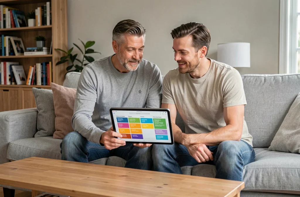Couple consultant ensemble une application de gestion budgétaire familiale sur une tablette dans le salon
