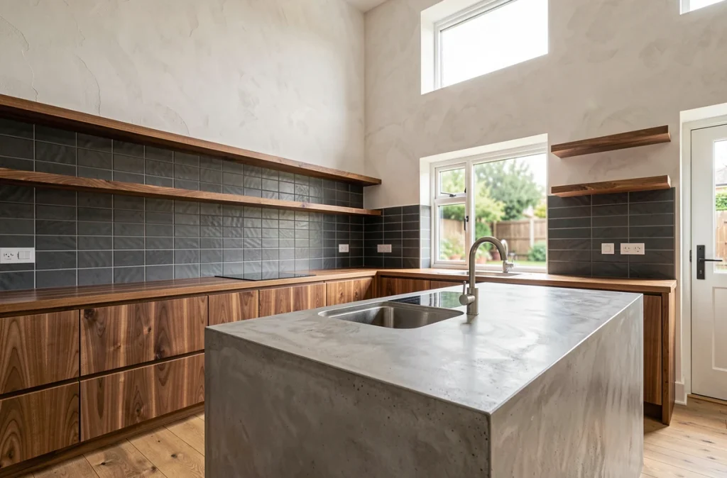 Cuisine résidentielle moderne avec association de matériaux carrelage grand format, bois de noyer et béton coulé pour un intérieur contemporain