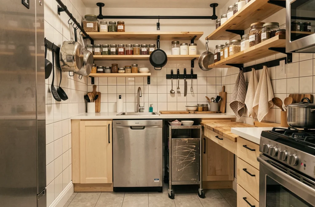 Petite cuisine d'appartement optimisée avec rangements suspendus, étagères ouvertes et chariot mobile gain de place