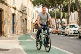 Cycliste masculin adulte pédalant sur une piste cyclable verte au centre-ville de Narbonne, avec des façades en pierre calcaire et des platanes en arrière-plan