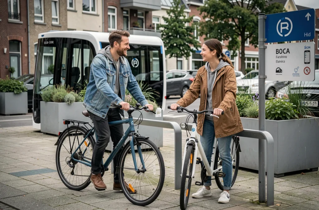 Deux cyclistes près d'une station d'autopartage électrique dans une ville européenne, nouveaux usages de mobilité douce