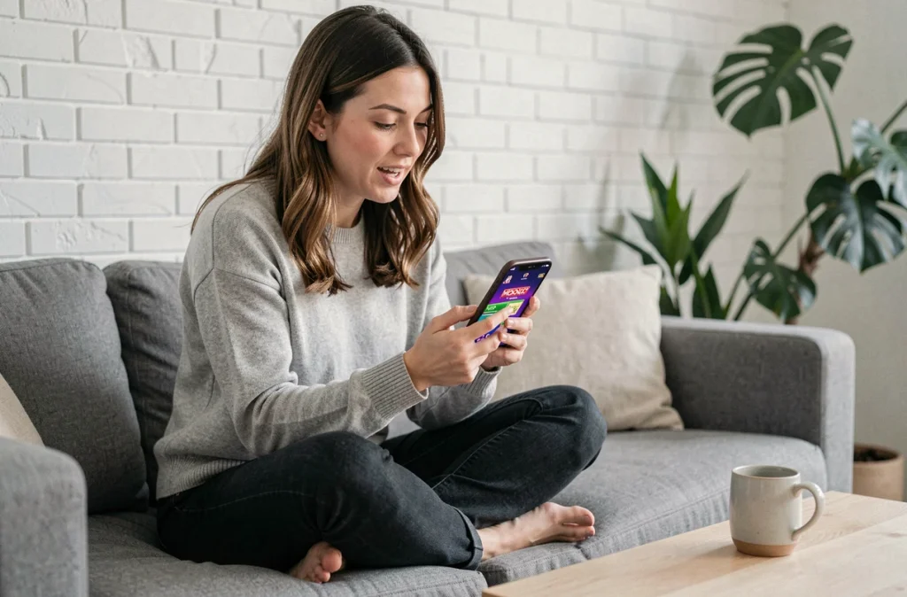 Femme jouant au Monopoly sur smartphone cherchant à débloquer le Club de Magnat