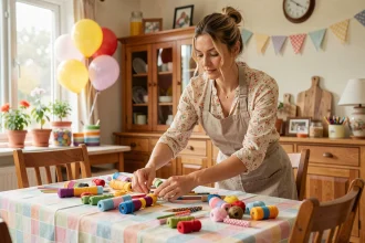 Mère sereine décorant une table d'anniversaire maison avec des guirlandes colorées dans un intérieur familial chaleureux