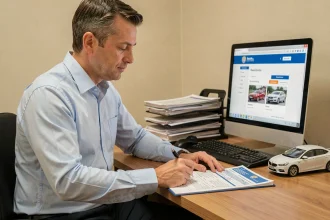 Homme examinant les documents administratifs pour l'immatriculation d'une voiture importée dans un bureau officiel