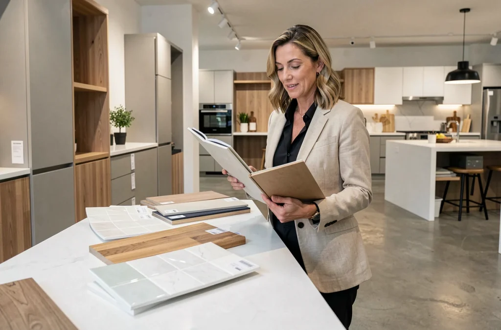Designer cuisine présentant des échantillons de matériaux comme bois, céramique et stratifié dans un showroom de cuisines modernes