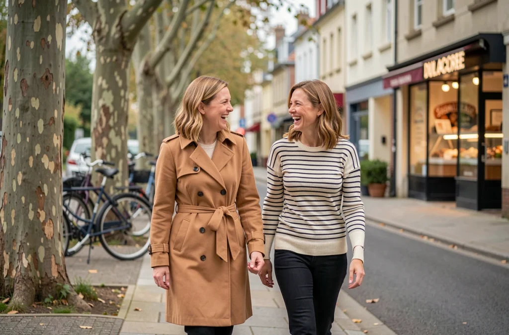 Deux femmes marchant ensemble en ville en riant, montrant les bienfaits sociaux et émotionnels de la marche quotidienne sur l'humeur