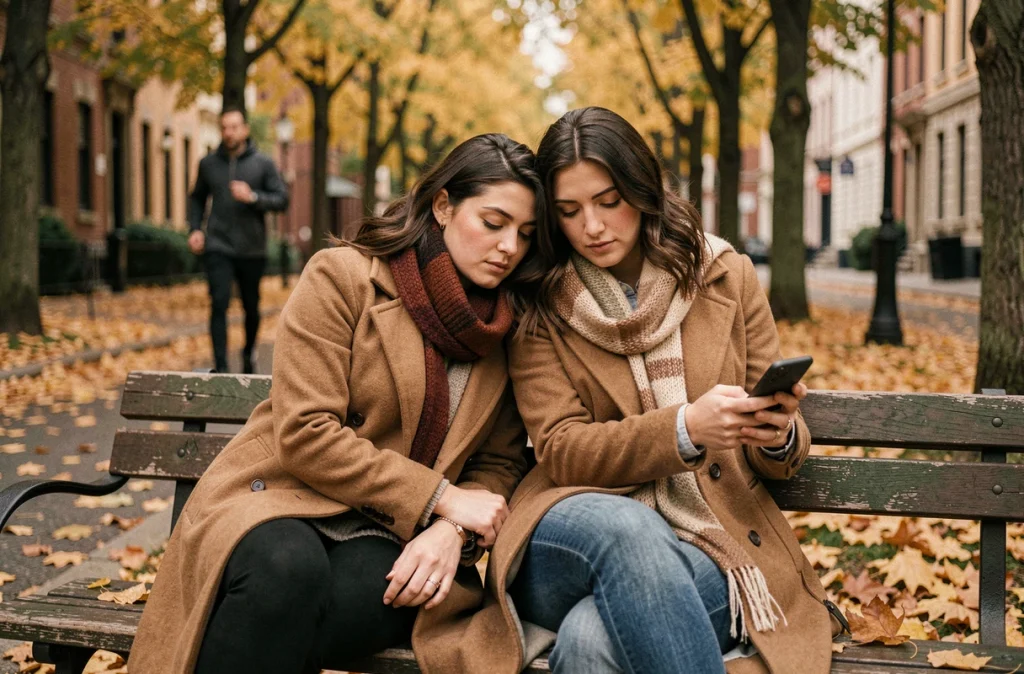 Deux femmes sur un banc en automne illustrant la différence entre amour véritable et simple attirance passagère