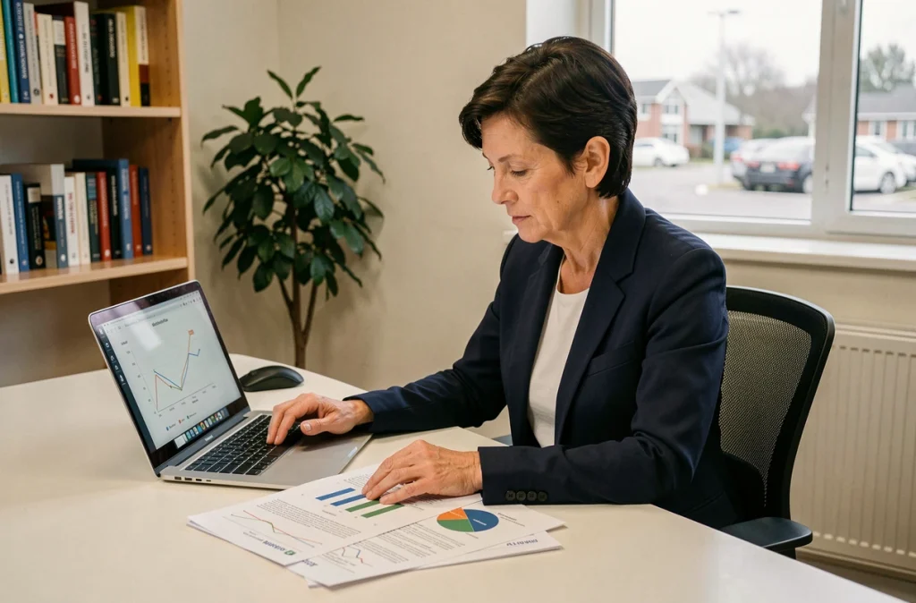 Directrice de PME analysant un rapport d'audit énergétique à son bureau pour optimiser la gestion de l'énergie de son entreprise