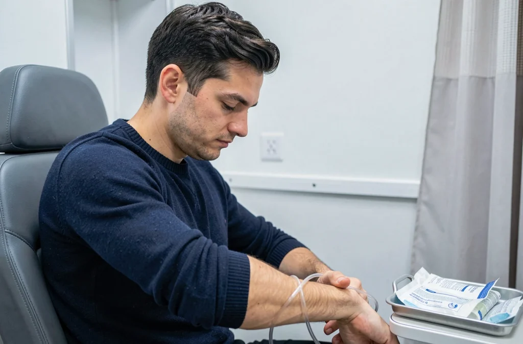 Donneur de sang assis dans l'unité médicale mobile avec un tube relié à son bras lors d'un don du sang en collecte itinérante