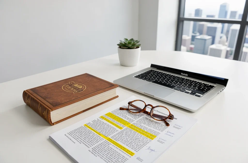 Livre de droit et ordinateur portable posés sur une table de réunion illustrant les limites légales des plateformes de streaming
