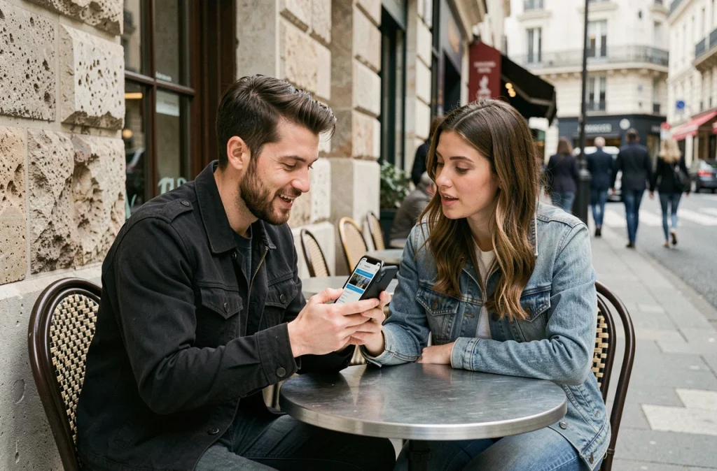 Deux personnes explorant l'application Rabbit Findr sur mobile en terrasse de café en ville