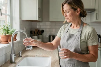 Femme fermant le robinet de cuisine pour économiser l'eau au quotidien