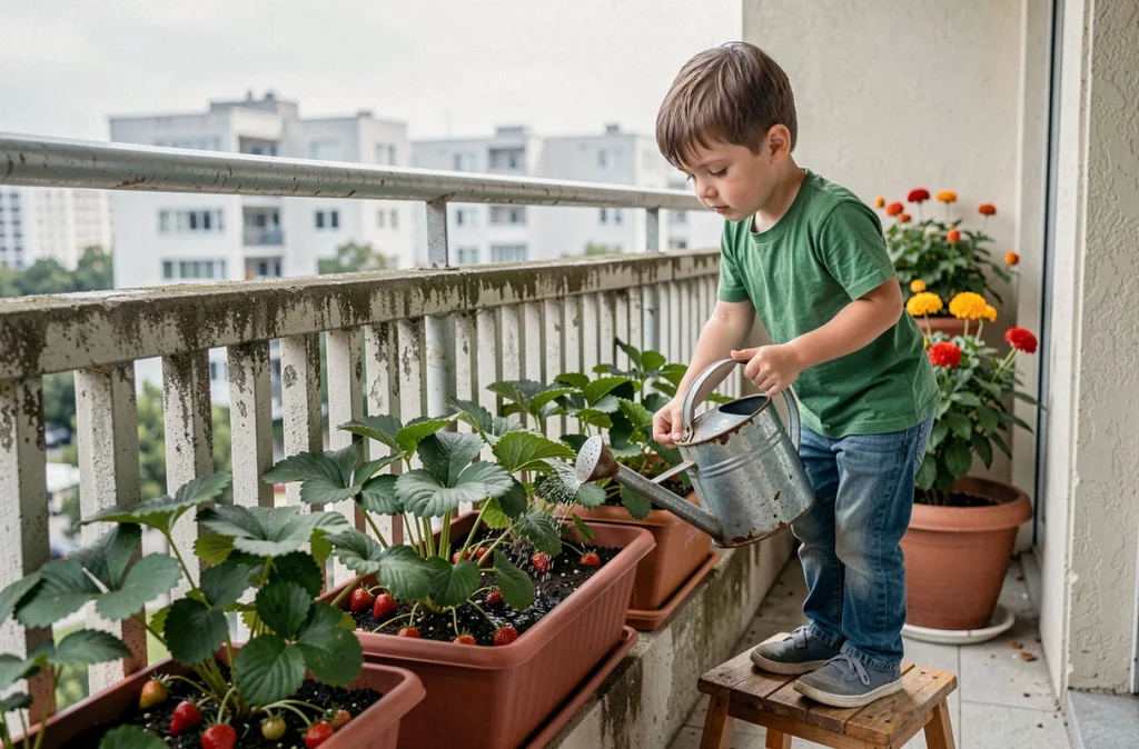 Un garçon arrose des plants de fraises sur un balcon urbain avec un petit arrosoir en métal