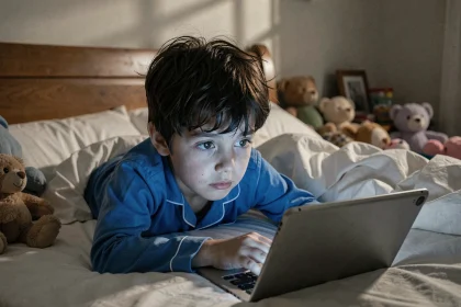 Jeune garçon en pyjama allongé dans son lit la nuit, les yeux ouverts fixant une tablette numérique, illustrant l'impact des écrans sur le sommeil des enfants