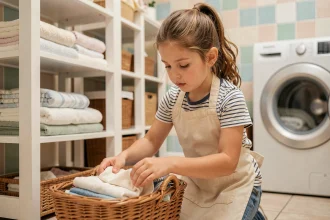 Jeune fille de 8 ans qui plie et range le linge dans une buanderie familiale chaleureuse