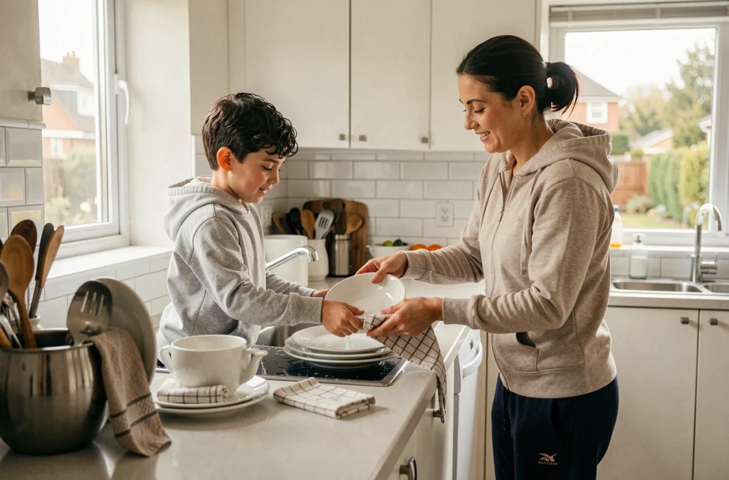 Garçon de 10 ans qui fait la vaisselle avec sa mère dans une cuisine moderne