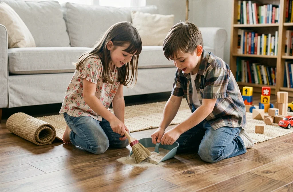 Deux enfants qui balaient ensemble le sol du salon familial avec un petit balai et une pelle