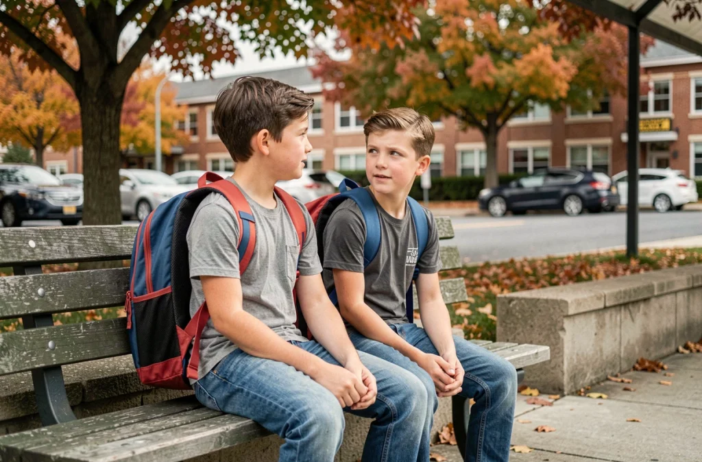 Deux frères assis calmement à l'arrêt de bus scolaire avec leurs cartables pour la rentrée