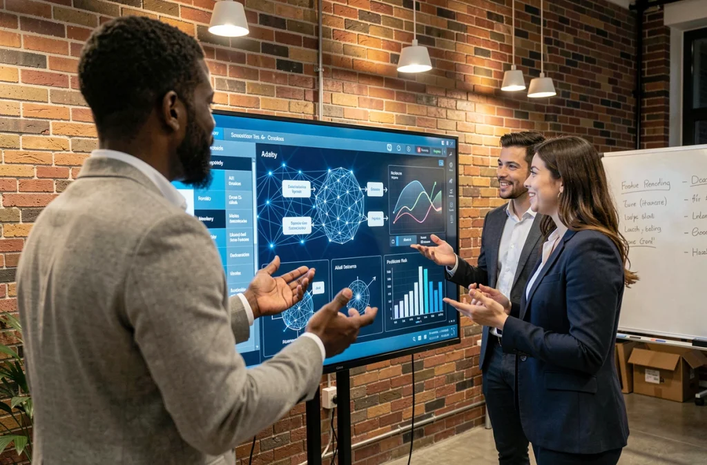 Équipe bancaire collaborant autour d'un écran interactif affichant des modèles d'automatisation par intelligence artificielle