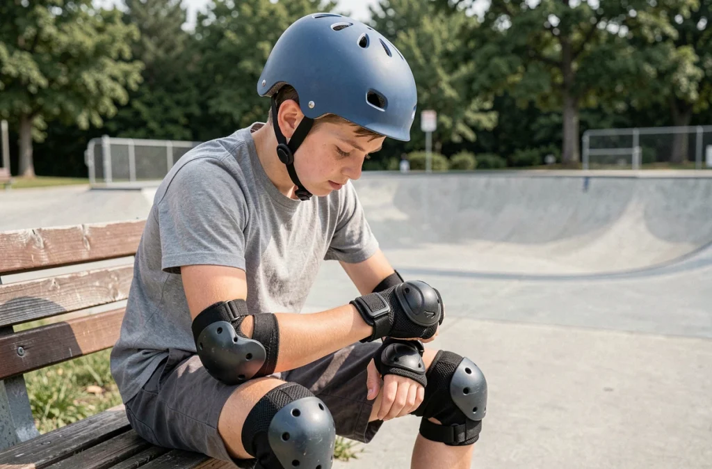 Adolescent portant casque homologué, genouillères et protège-poignets avant de faire du skateboard dans un skatepark en plein air