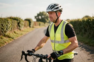 Cycliste adulte portant un casque homologué, gilet haute visibilité et gants de protection sur une route de campagne en été