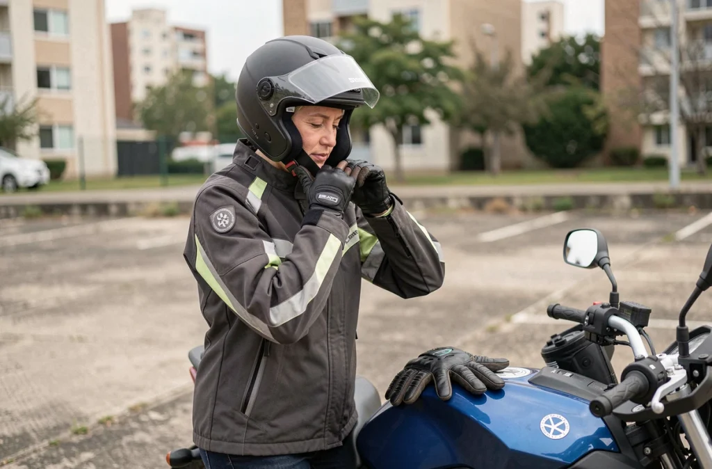 Femme motarde équipant son casque moto avec blouson réfléchissant et gants dans un parking urbain