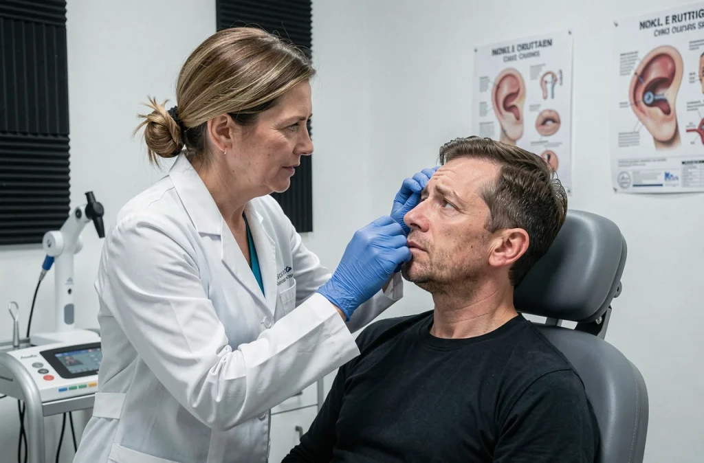 Audiologiste examinant un patient souffrant de troubles auditifs causés par le bruit urbain