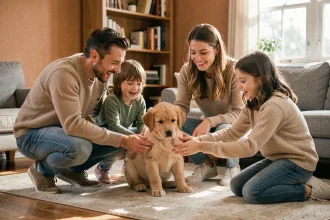 Famille heureuse adoptant un chiot golden retriever dans un salon chaleureux