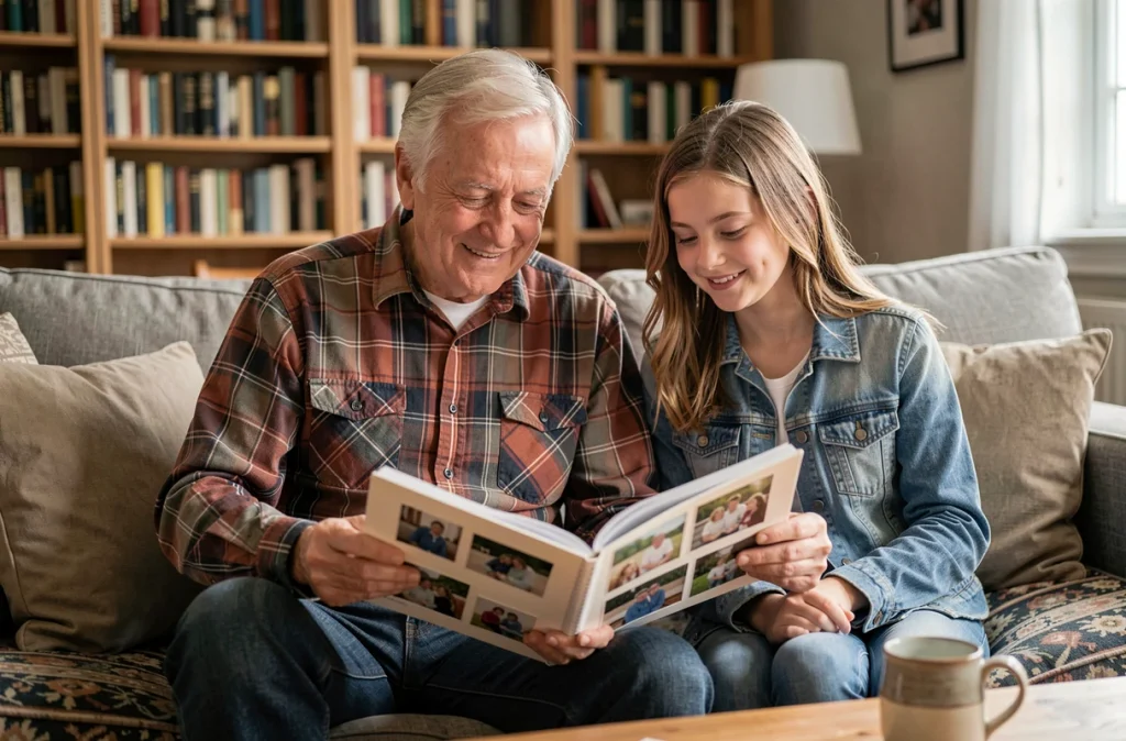 Grand-père et petite-fille feuilletant ensemble un album photo artisanal dans un salon chaleureux