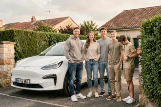 Famille française souriante chargeant une voiture électrique blanche devant une maison de banlieue