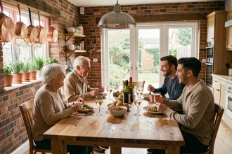 Famille intergénérationnelle réunie autour d'un repas partagé dans une maison moderne, illustrant la vie en logement intergénérationnel