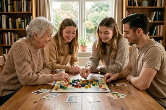 Famille de quatre personnes jouant à un jeu de société autour d'une table en bois dans un salon chaleureux