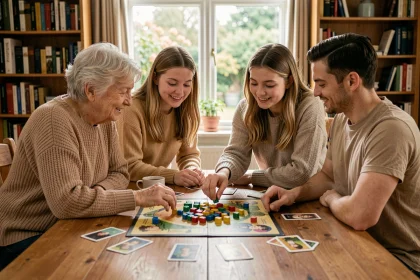 Famille de quatre personnes jouant à un jeu de société autour d'une table en bois dans un salon chaleureux
